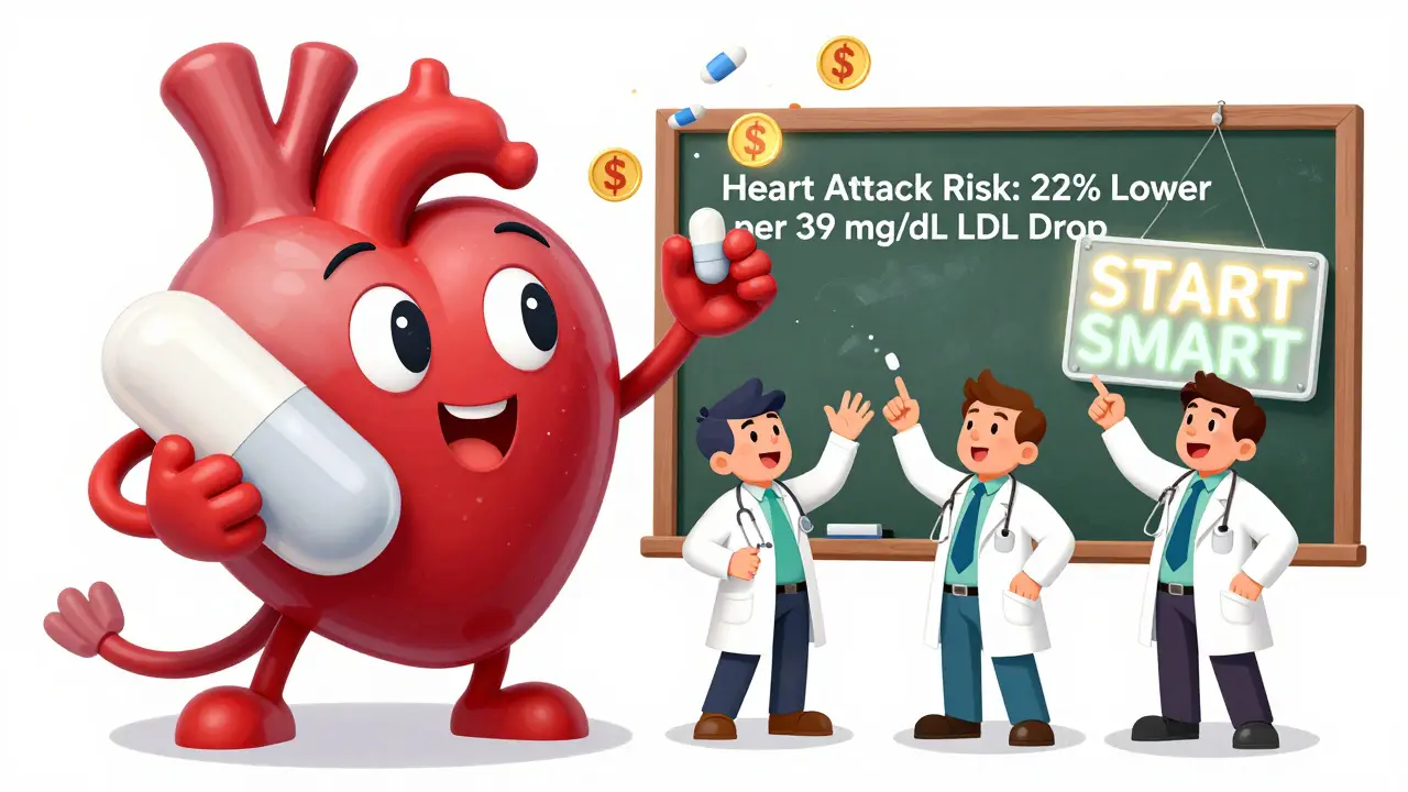 Giant heart with risk scoreboard, doctors arguing over cholesterol meds, 'START SMART' sign glowing.