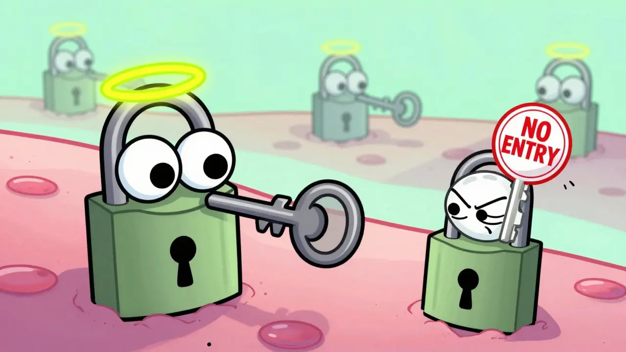 Googly-eyed cell receptors react as one key unlocks pain relief while another blocks it.