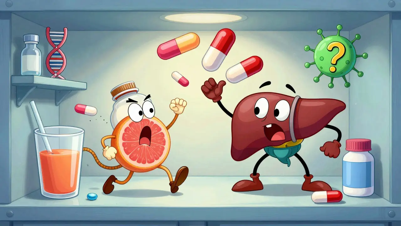 Medicines and grapefruit juice dance chaotically in a cabinet as a liver tries to stop a dangerous interaction.