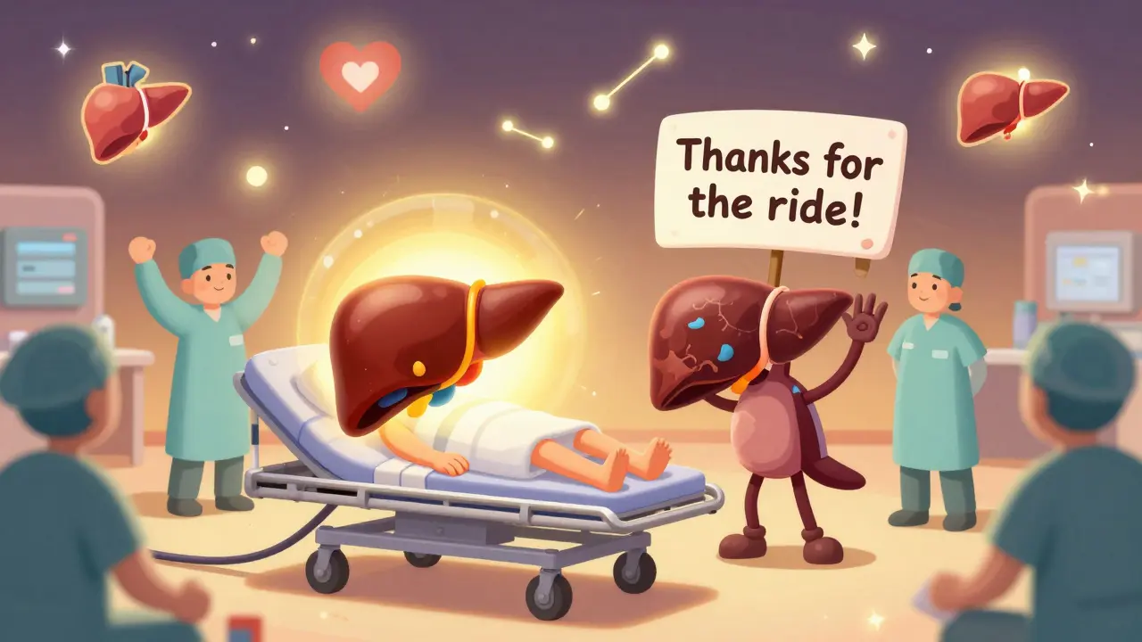 New liver rolling toward patient as old scarred liver waves goodbye, donor stars glowing in sky