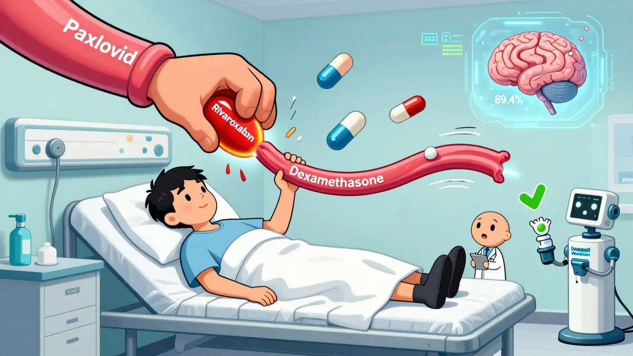 Patient's heart surrounded by dancing pills being squeezed by Paxlovid and stretched by dexamethasone
