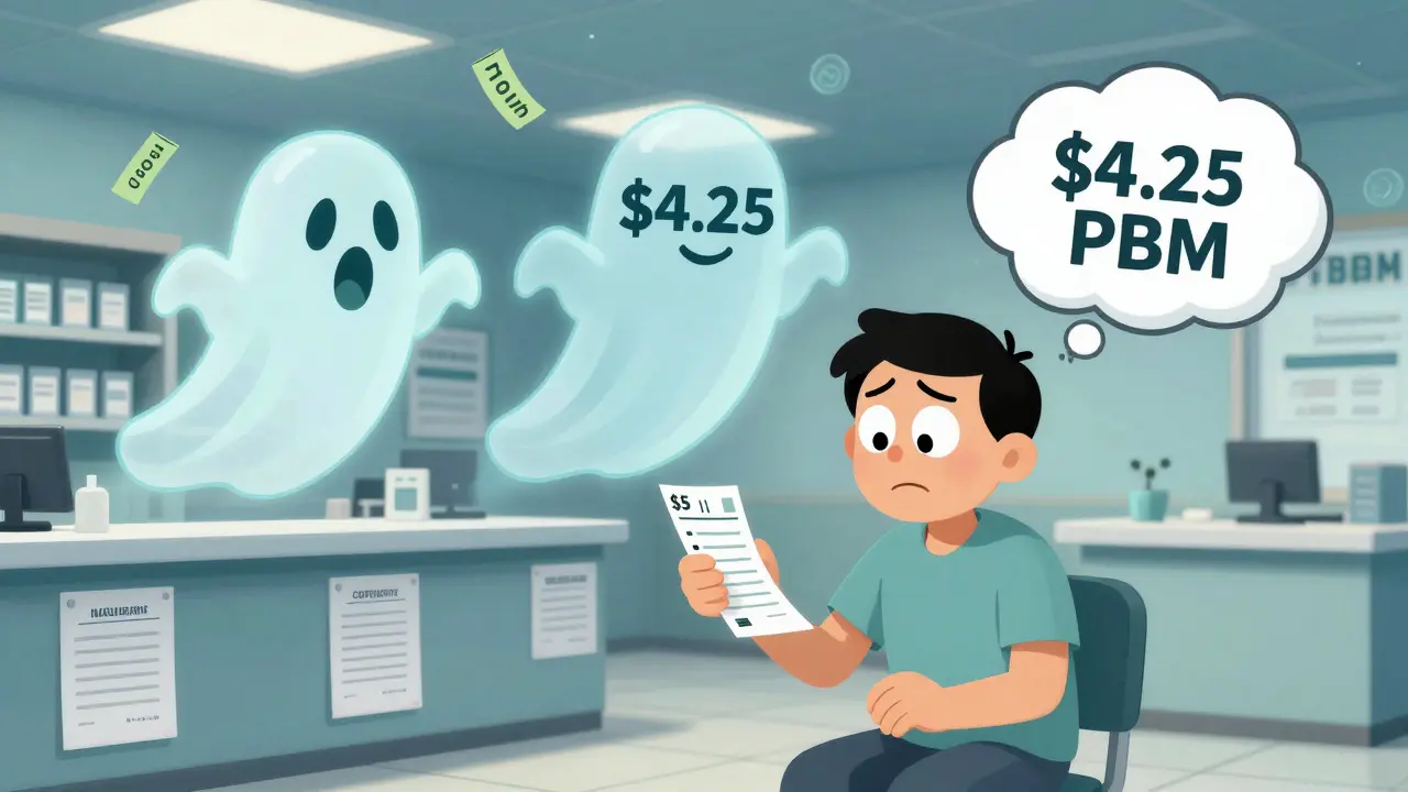 Patient sees floating cost ghosts above their receipt: insurance pays .50, pharmacy gets .25, PBM keeps .25.