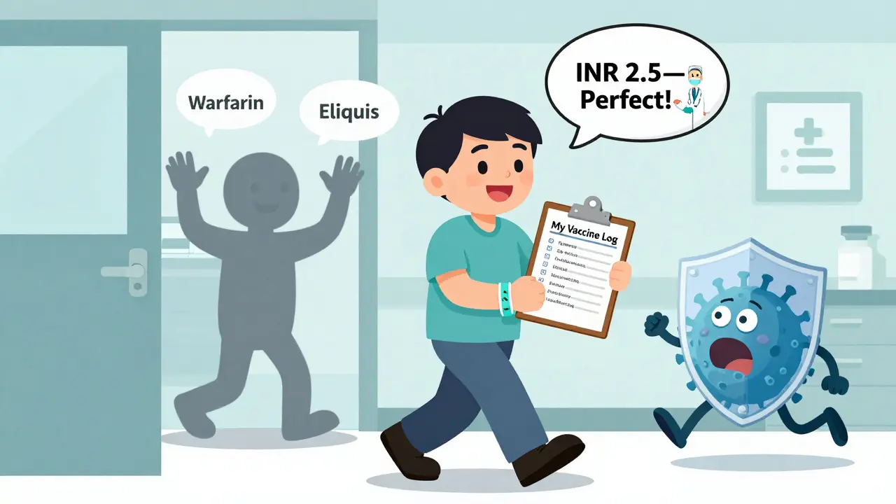 Patient with medical alert bracelet holding vaccine log, smiling as INR reading appears in thought bubble, viruses fleeing from vaccine shield.