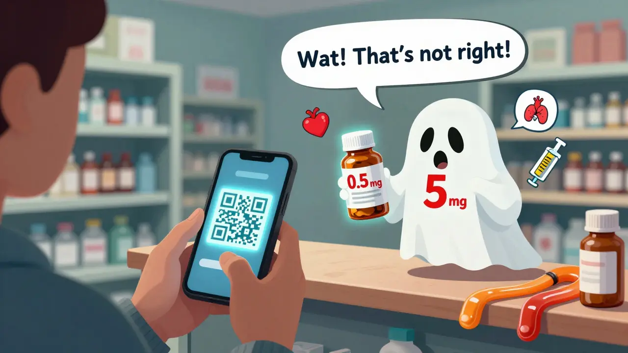 Person scanning a pill bottle while a ghostly version reveals the wrong dosage, surrounded by medical warning icons.