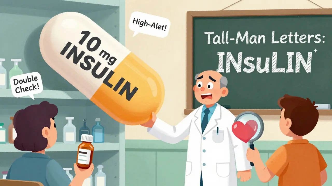 Pharmacist handing a bottle as a giant, dangerous insulin pill looms behind, with warning labels floating nearby.