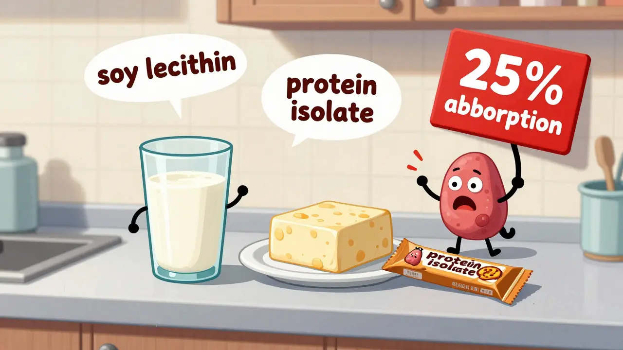 Soy products dance on a kitchen counter as a thyroid gland reacts to blocked absorption in a whimsical cartoon style.