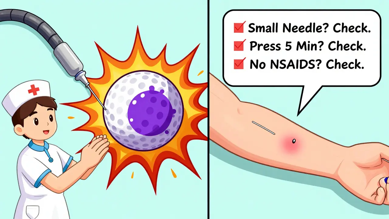 Split cartoon: chaotic bruise explosion vs. correct vaccine technique with checklist, showing proper pressure and needle size.