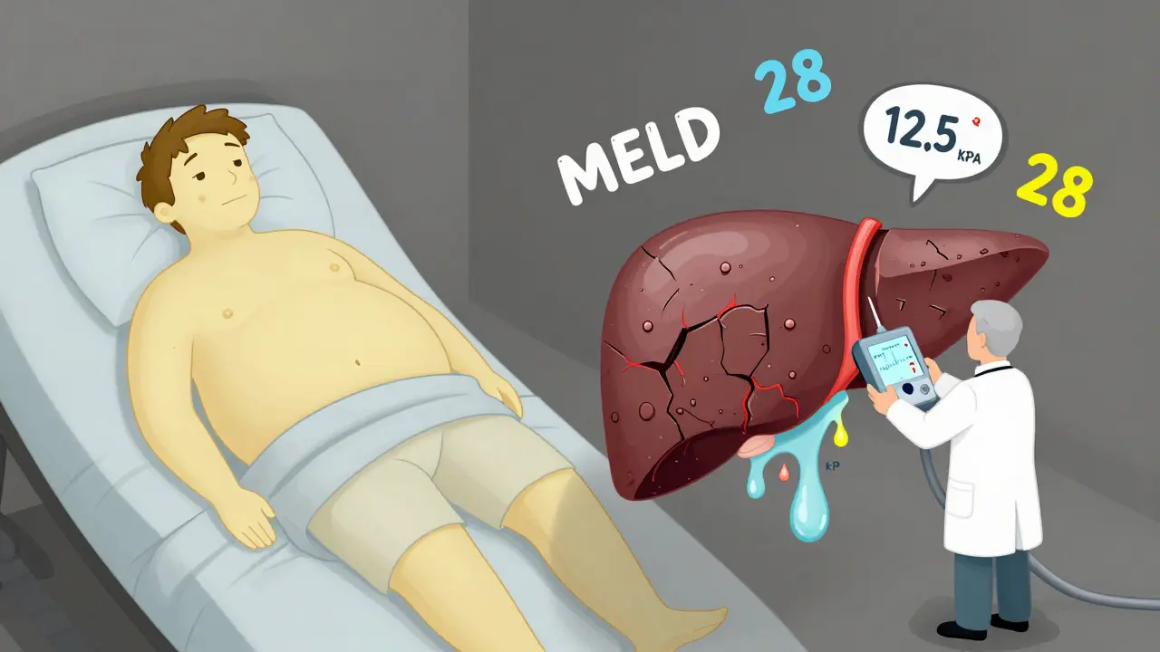 Split scene of a person with jaundice and bloating next to their scarred, leaking liver with FibroScan reading