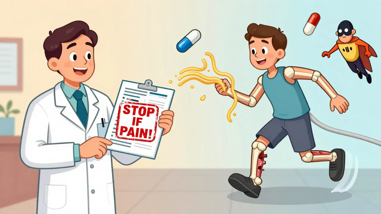 Split scene: pharmacist giving safety guide on one side, same person frozen mid-step with ruptured tendon on the other.