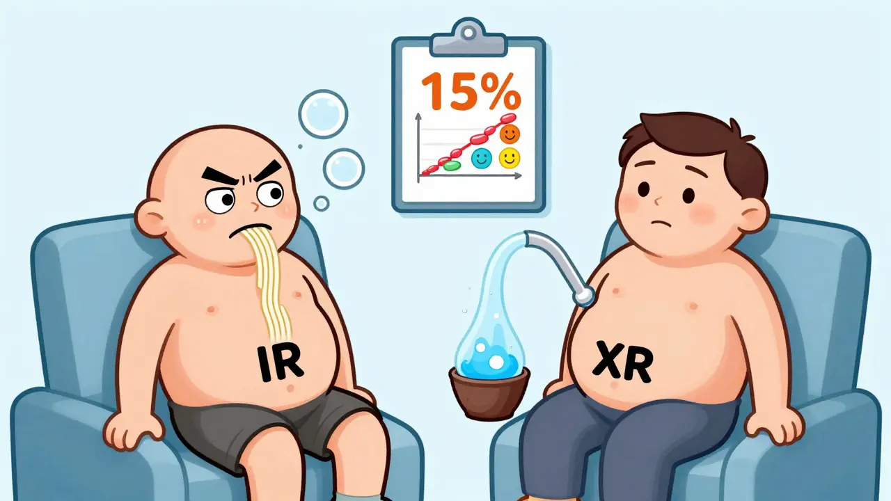 Two cartoon patients: one with a bloated, angry stomach and another calm one, comparing metformin side effects.