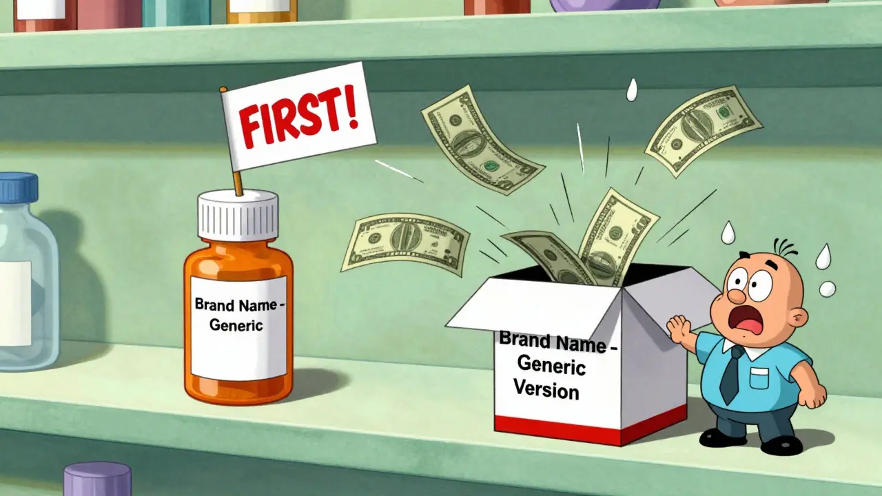Two identical pill bottles on a pharmacy shelf—one labeled 'First!'—as another magically appears, causing market chaos.