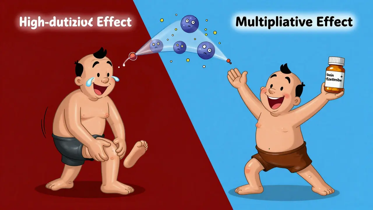 Two patients: one in pain from high-dose statin, another happy with combo therapy, LDL molecules being sucked away.