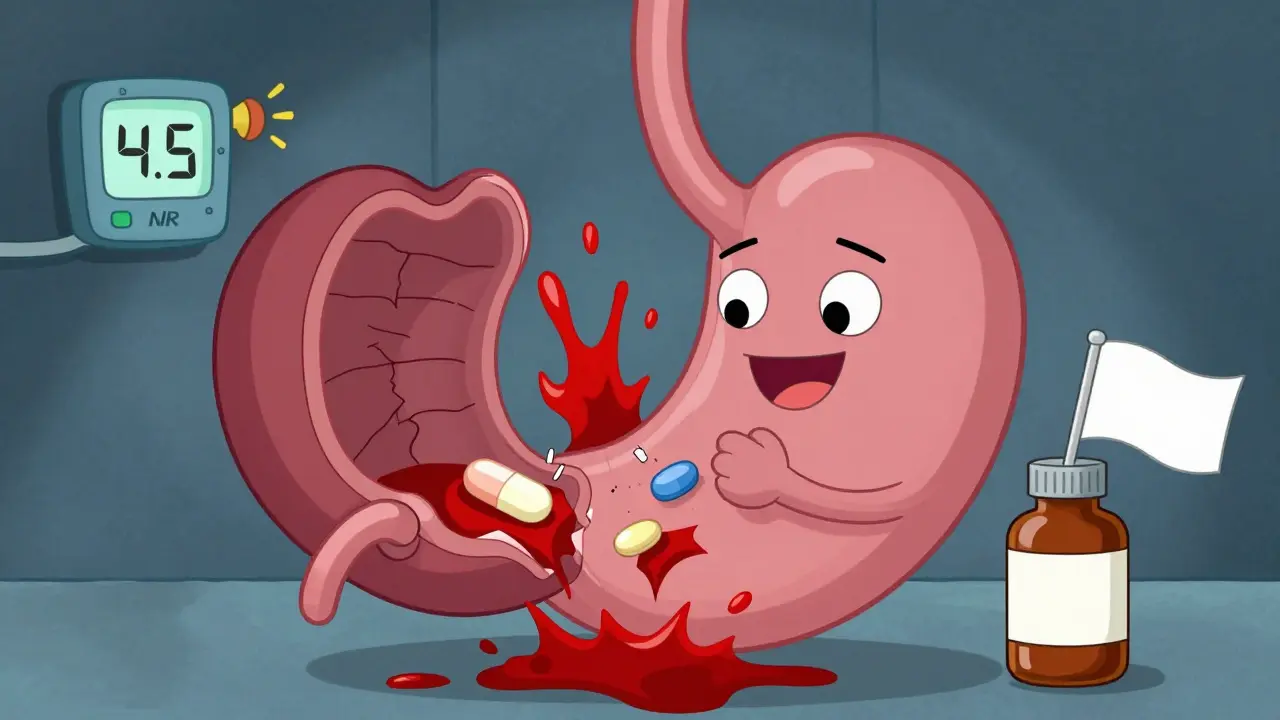 A cartoon stomach bursting with blood as warfarin and naproxen clash inside, with an INR monitor showing danger.