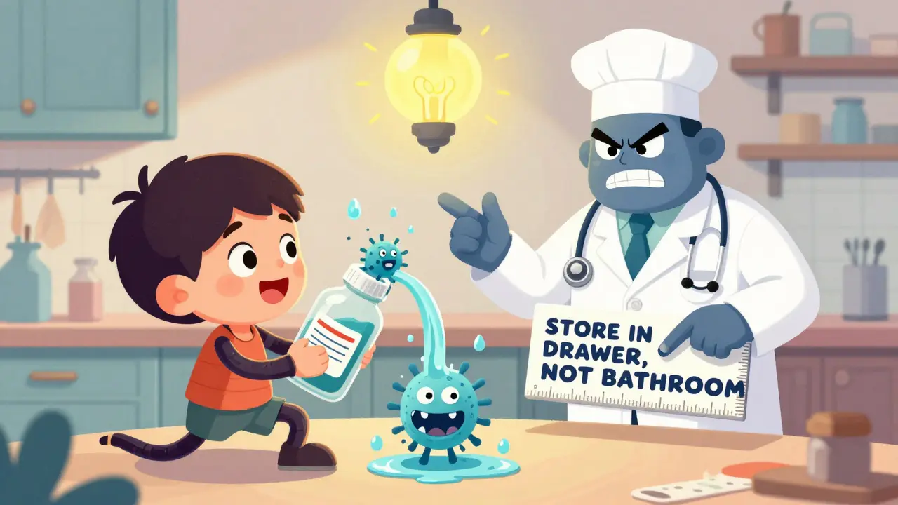 A child holding a leaking liquid antibiotic bottle while bacteria escape, with a pharmacist pointing to a storage sign.