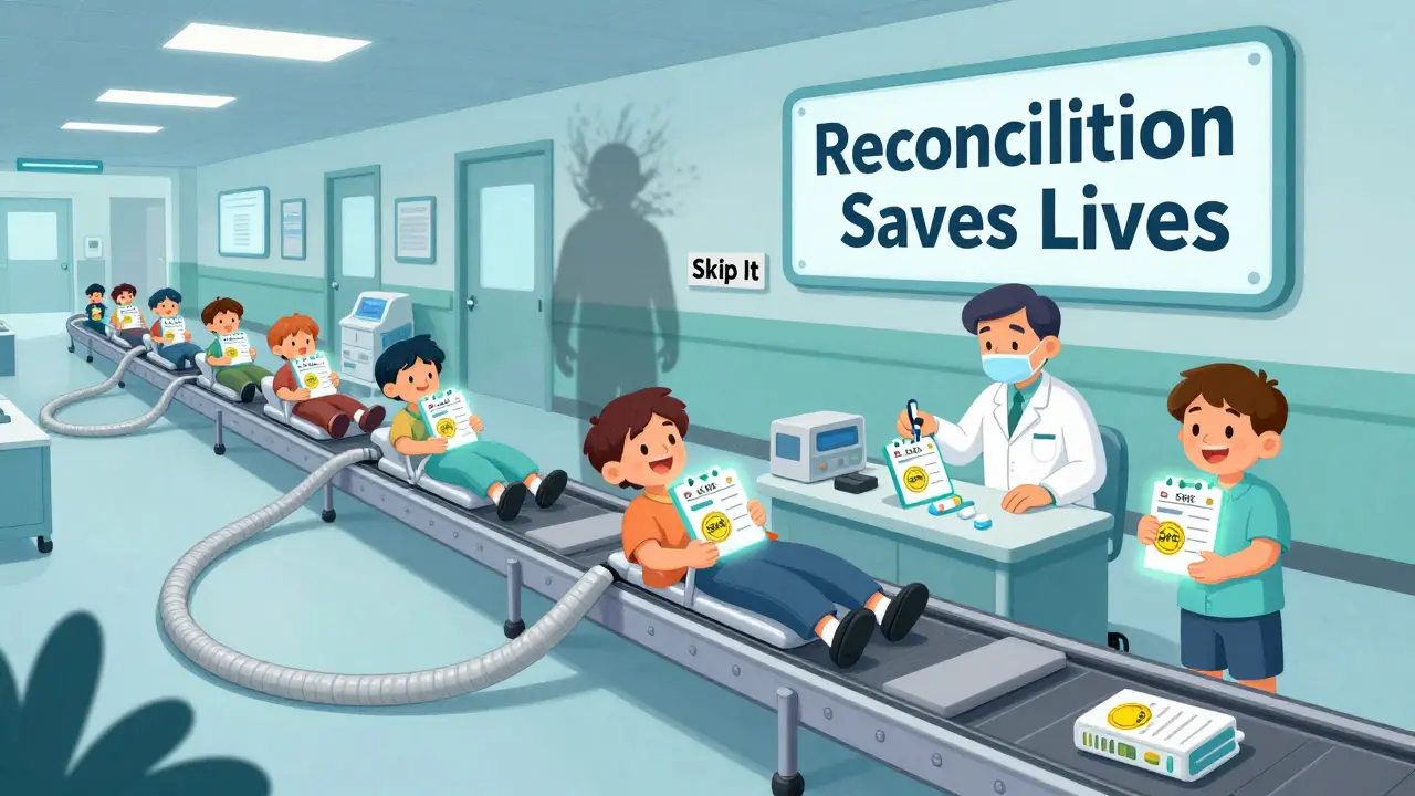 A conveyor belt of patients moves through care settings as a pharmacist stamps each with a safety seal.