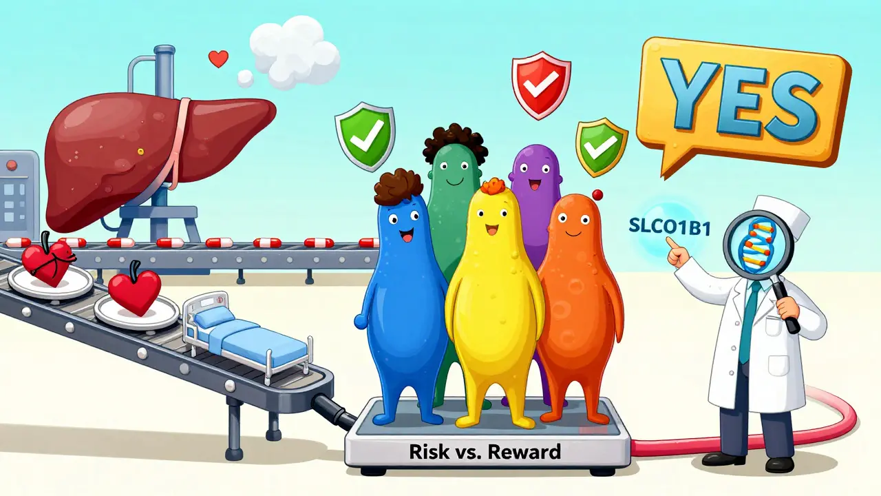 A diverse group on a risk-reward scale, with a scientist pointing to genetic code and statin pills flowing into a liver factory.