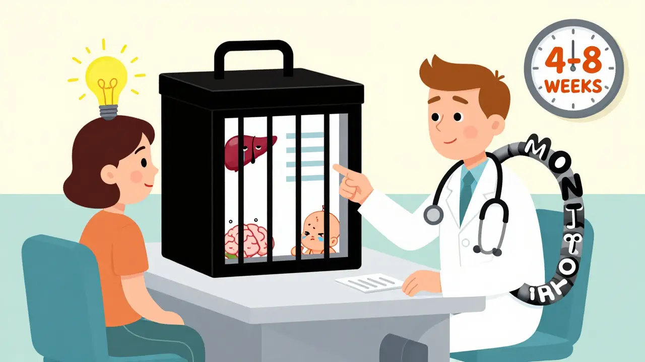 A doctor points to a black box on a drug label shaped like a jail cell, with animated side effects peeking out as a lightbulb shines above a patient.