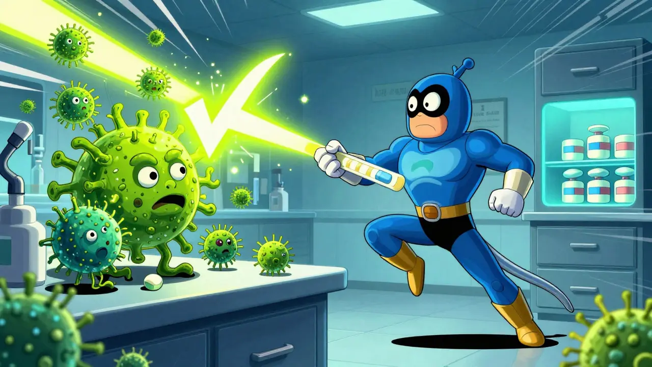 A heroic test strip zapping resistant bacteria, with safe pills in a drawer and a hospital sign in the background.