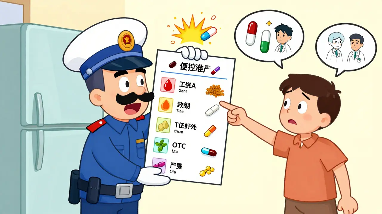 A paramedic holds up a medication list stuck to a fridge while a patient points to it, with floating danger symbols above.