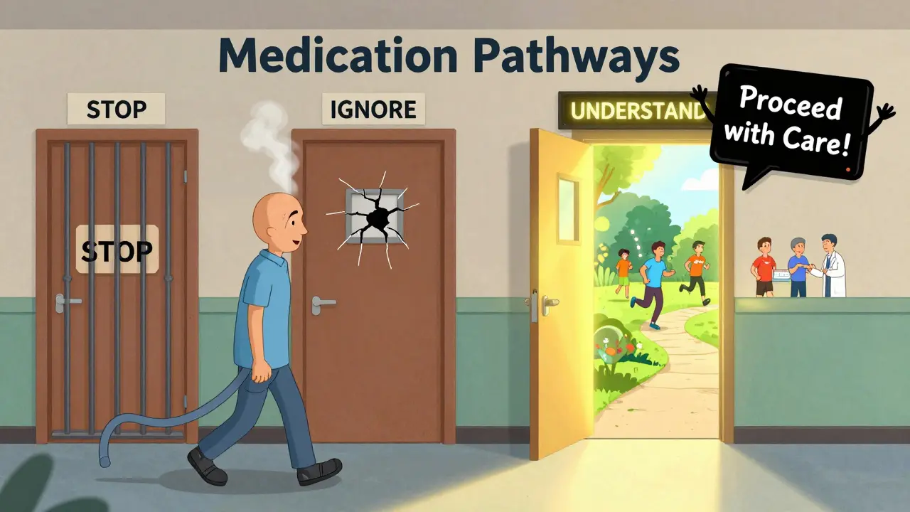A patient walks toward an open door labeled 'UNDERSTAND' as a friendly black box warning waves them forward into a sunny garden.