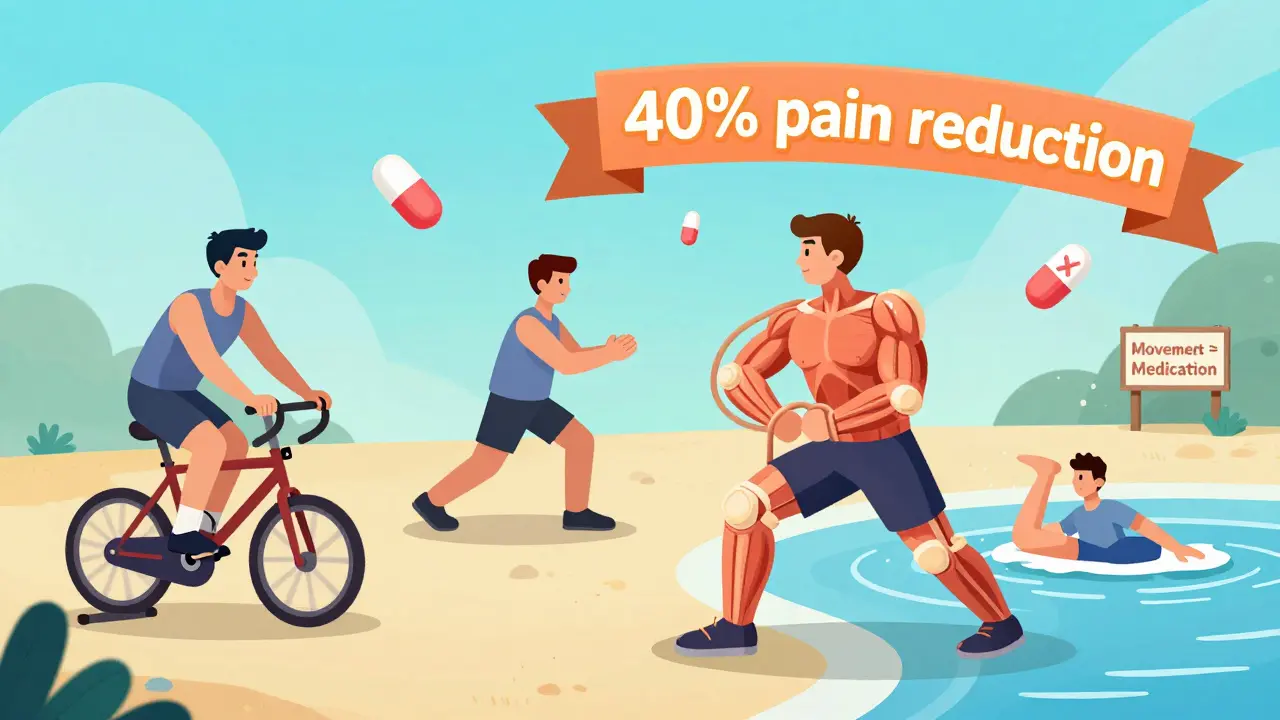 A person exercising through cycling, tai chi, and water aerobics, with muscles acting as shock absorbers and pain-reduction banners above.