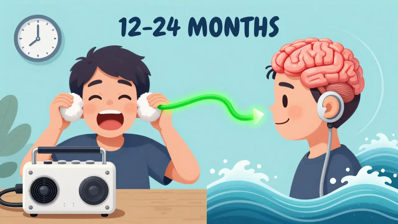 A person using sound generators calmly while a chaotic past version of them tries to block tinnitus with cotton balls.