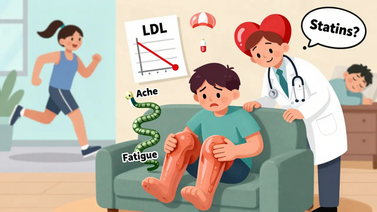 A person with springy leg cramps, a floating CoQ10 capsule, and a doctor offering reassurance.