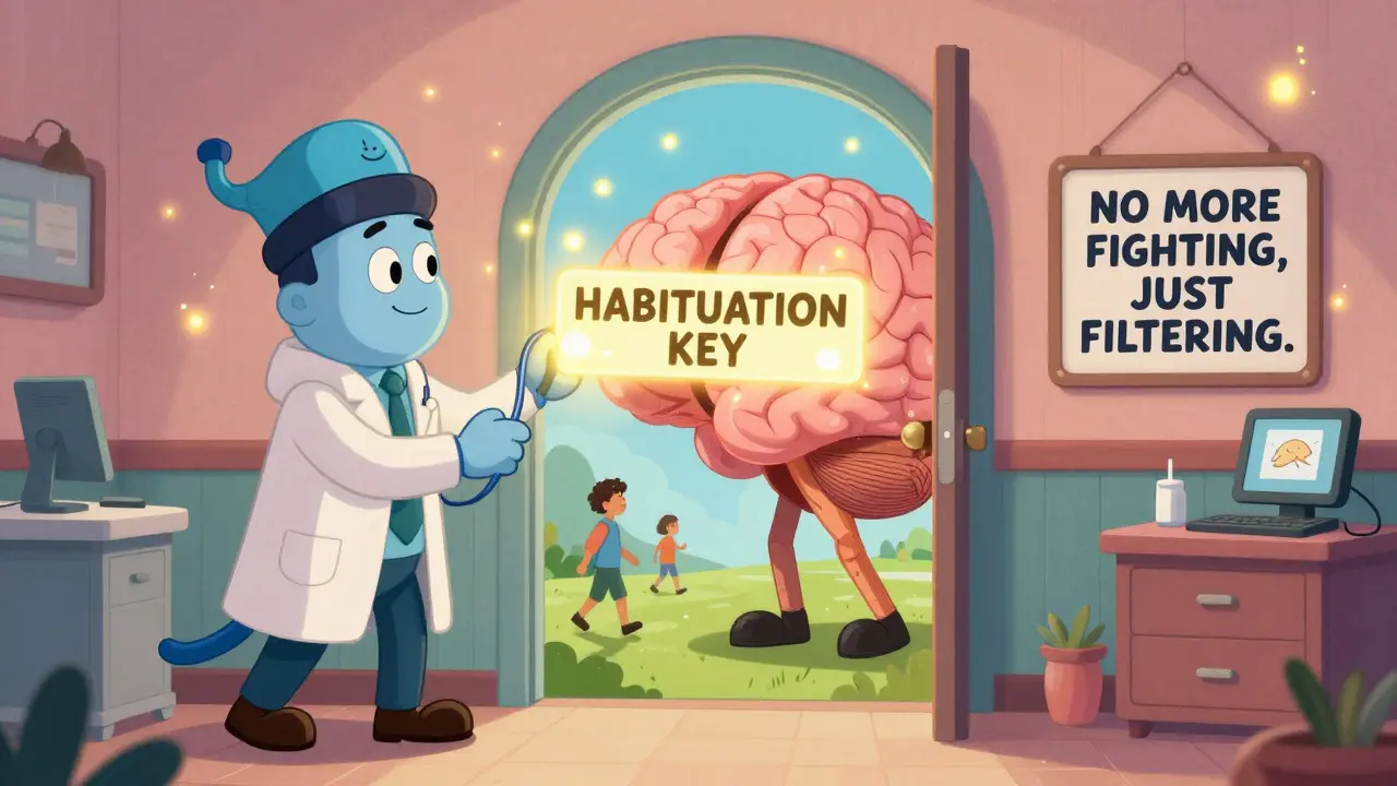 An audiologist unlocking a brain door to reveal peaceful daily life where tinnitus floats away like fireflies.