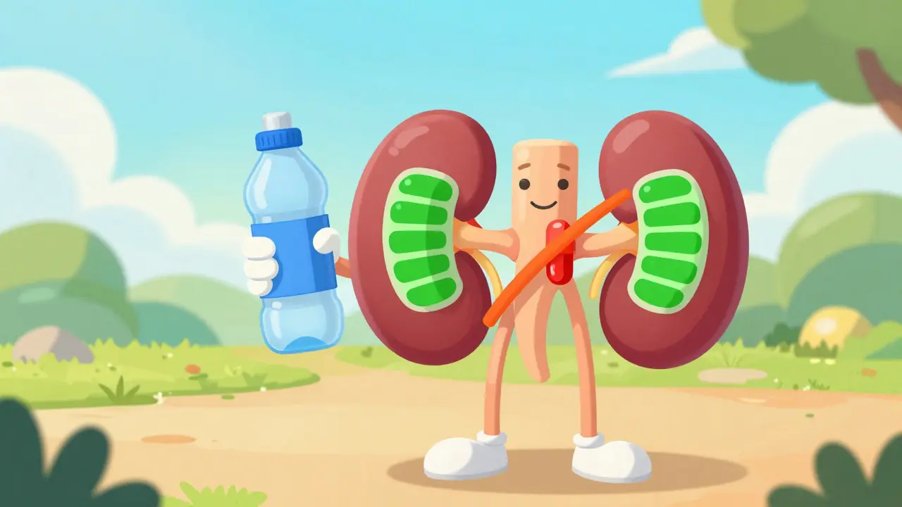 Character drinking water and crossing out NSAID pill for lithium safety.