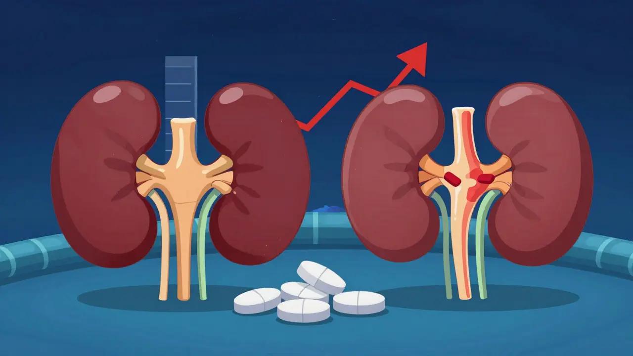 Character taking NSAID pill causing lithium levels to rise in kidneys.