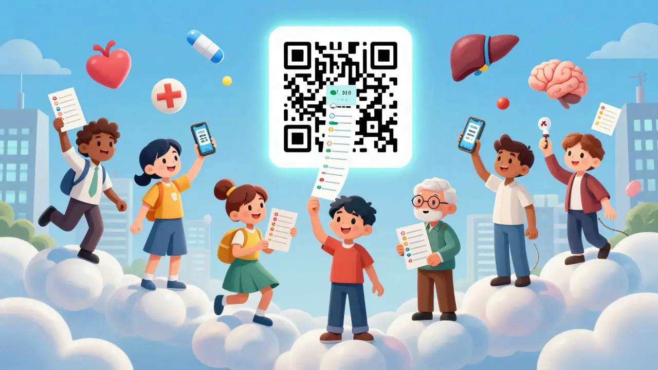 Diverse people float on pill-shaped clouds, holding medication lists as a giant QR code beams digital info into their phones.