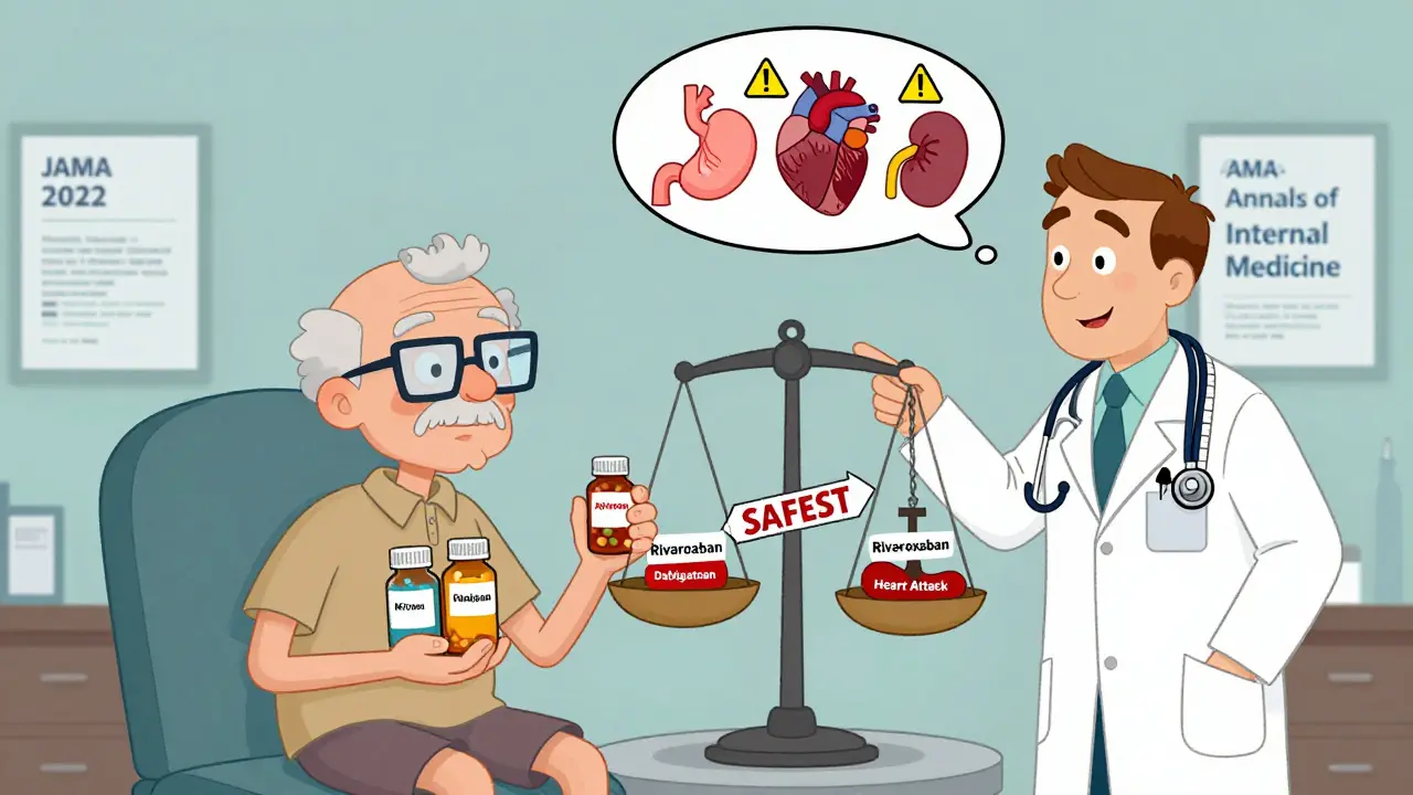 Elderly patient in doctor's office comparing three blood thinner pills on a balance scale, with Apixaban labeled safest.