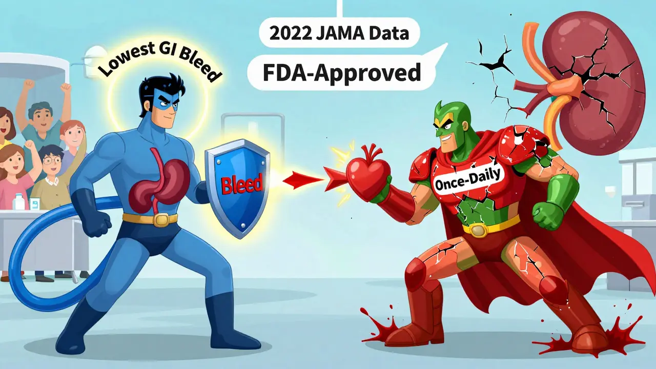 Superhero battle between three blood thinner characters: Apixaban defends against bleeding, Rivaroxaban leaks danger, Dabigatran damages the heart.