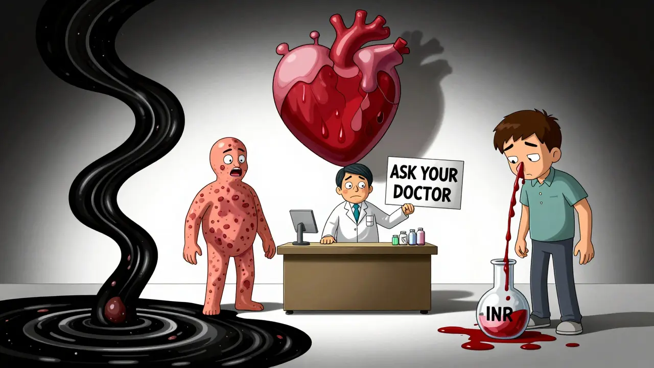 Three people showing bleeding symptoms: dark stool, giant bruise, and nosebleed, with a pharmacist giving advice.