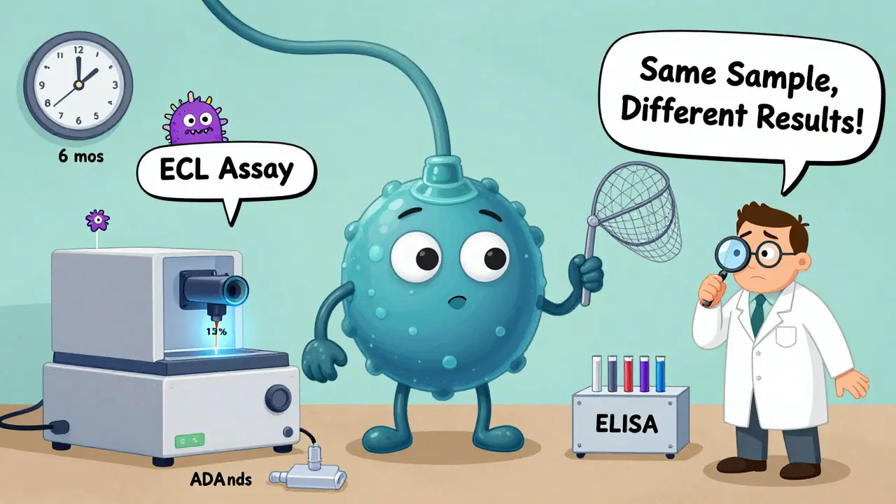 Two lab machines testing the same protein sample and getting different antibody detection results.