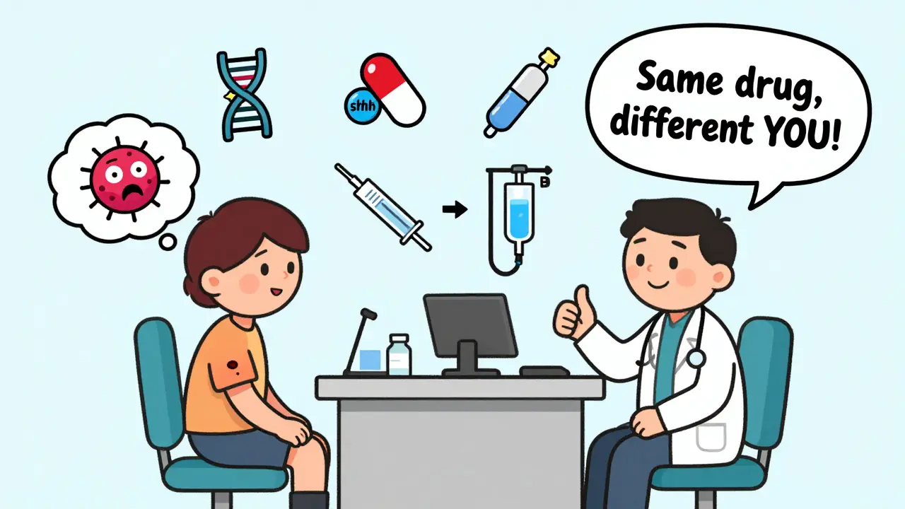 Two patients reacting differently to the same biosimilar, with icons representing genetics, meds, and delivery methods.