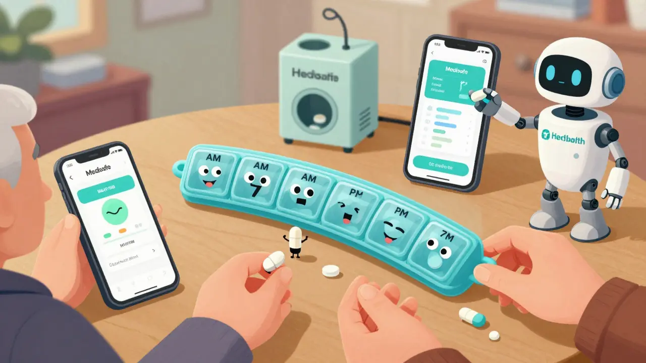 A colorful pill organizer with friendly compartments dispensing pills while a smartphone shows a reminder.