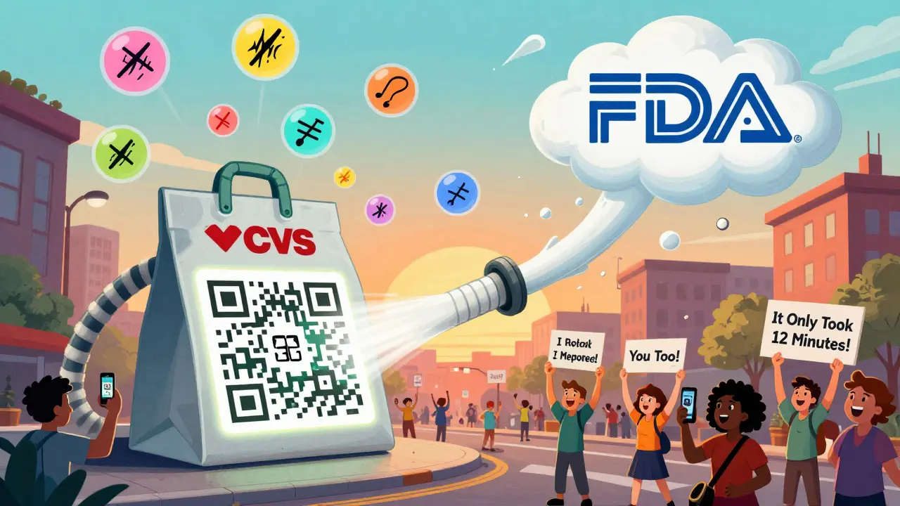A giant QR code on a pharmacy bag, with colorful report bubbles rising into a cloud shaped like the FDA logo as people cheer below.