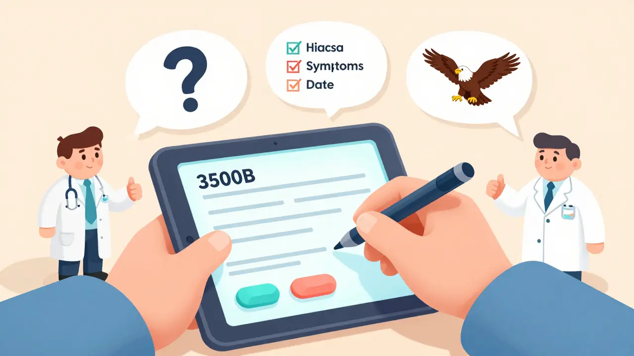 A hand filling out a simple MedWatch form on a tablet, with cartoon thought bubbles showing symptoms and a nodding FDA eagle.