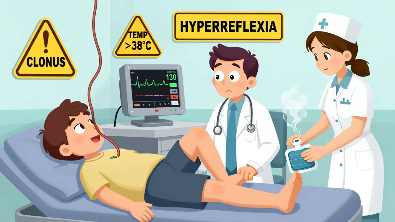 A patient's eye flickering rapidly as their leg jerks uncontrollably, with medical staff using cooling packs in an ER setting.