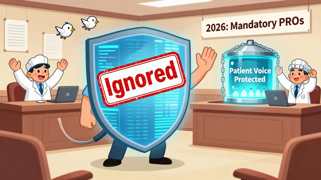 A patient defends their feedback with a data shield, while blockchain secures their voice.