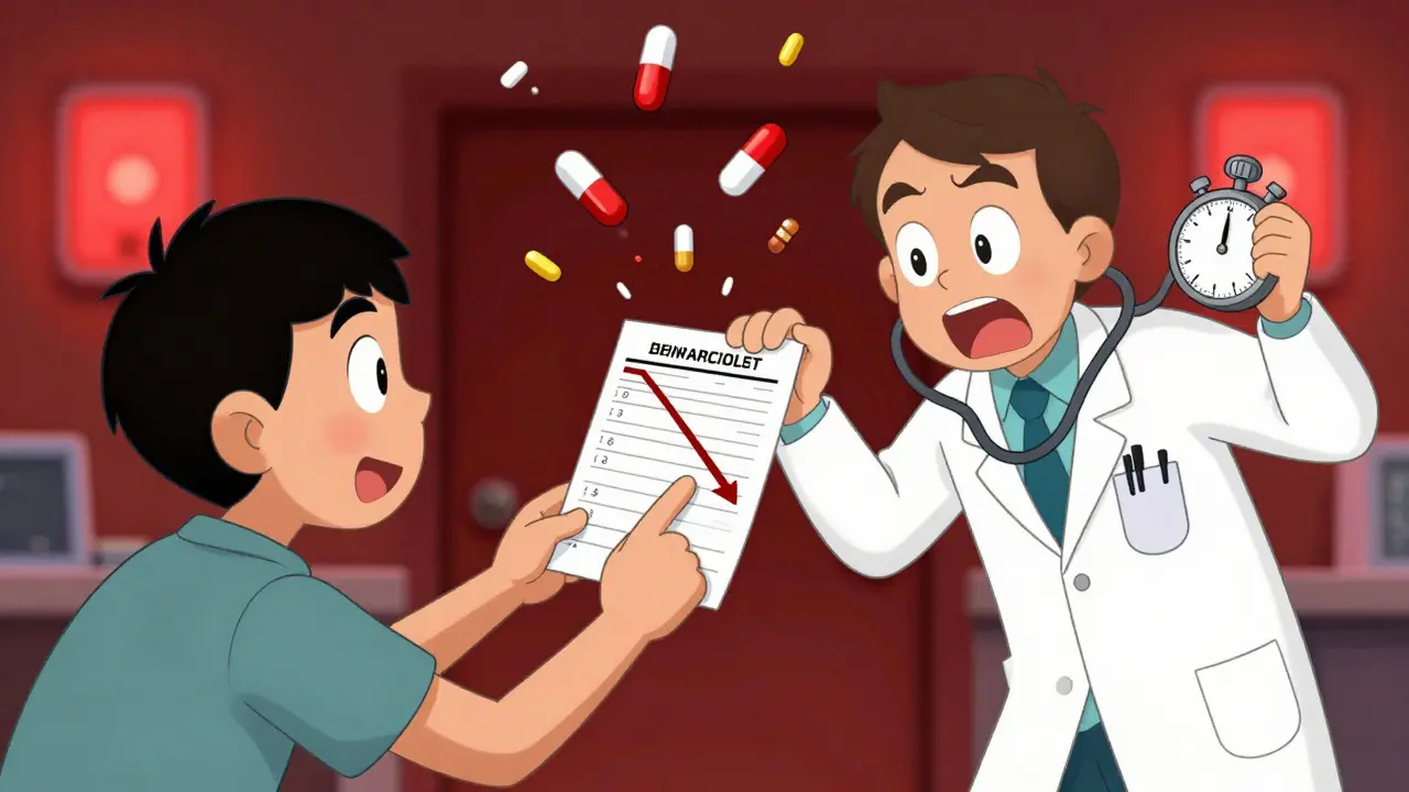 A patient in an ER urgently pointing at a blood test as dangerous drugs fall like bombs around them.