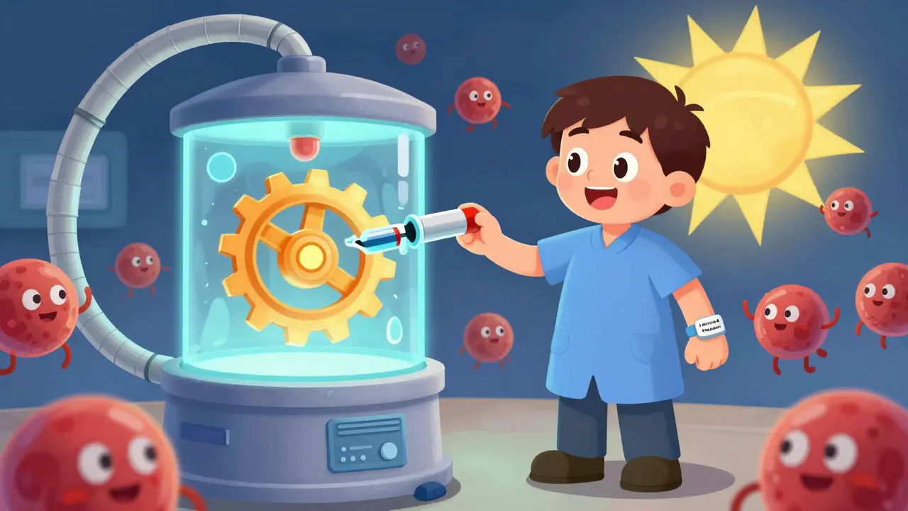 A patient standing beside a restored bone marrow factory with happy blood cells dancing nearby.