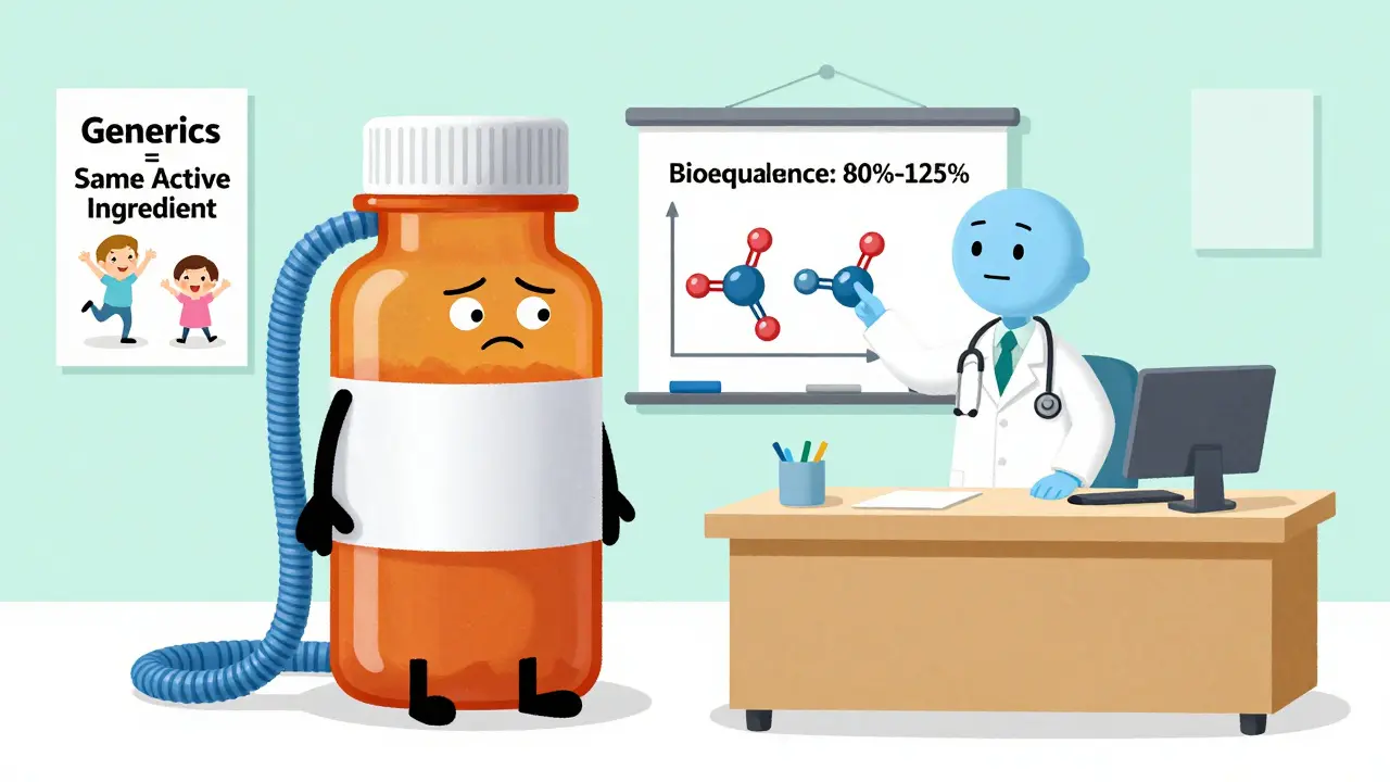 A patient talks to a doctor at a pill-bottle desk, with a bioequivalence graph and dancing chemical molecules on display.