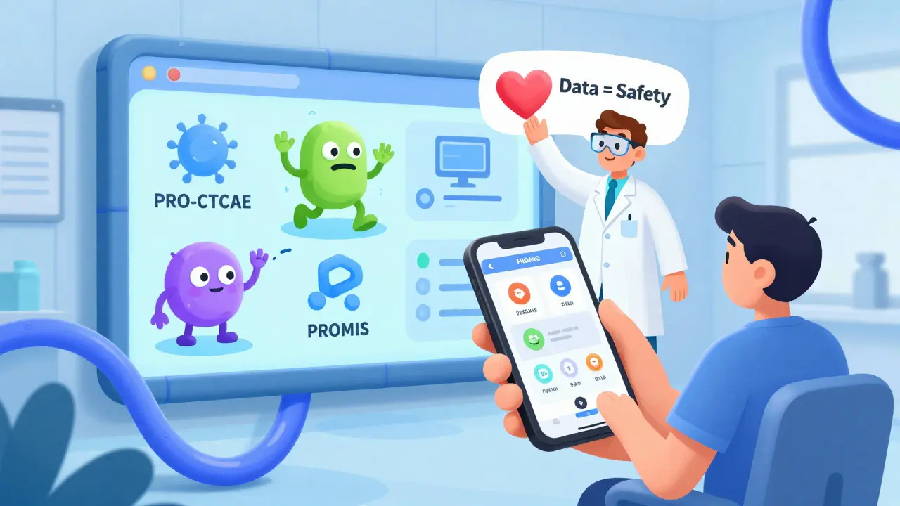A patient uses a phone app that releases cartoonish side effect creatures into a dashboard.