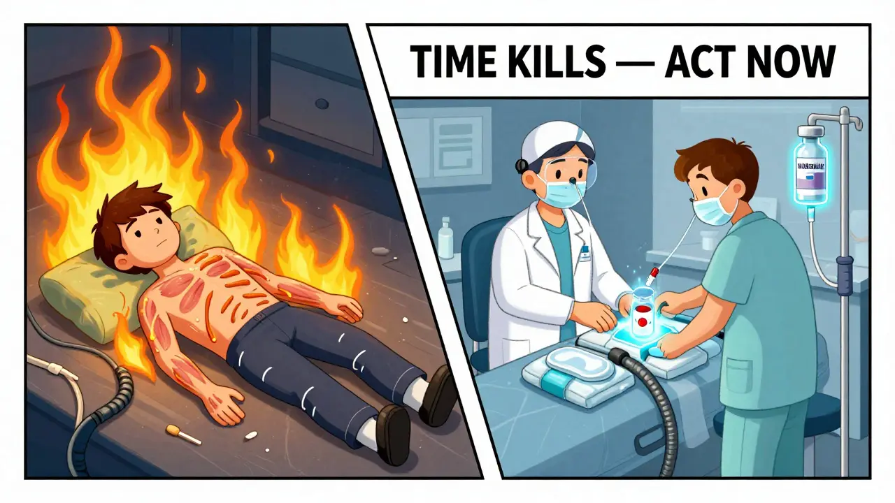 A person collapsing from overheating on one side, while medical staff administer life-saving treatments on the other.