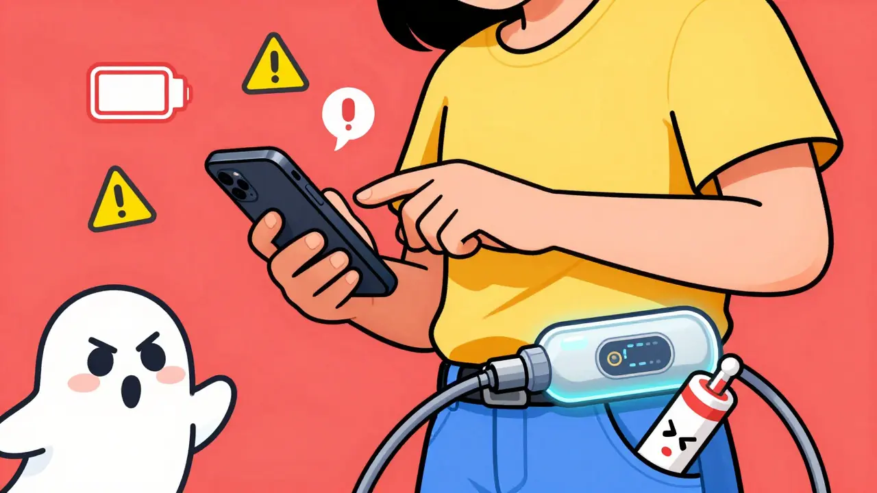 A teen adjusting a smartphone app connected to an insulin pump, with backup insulin pen visible.