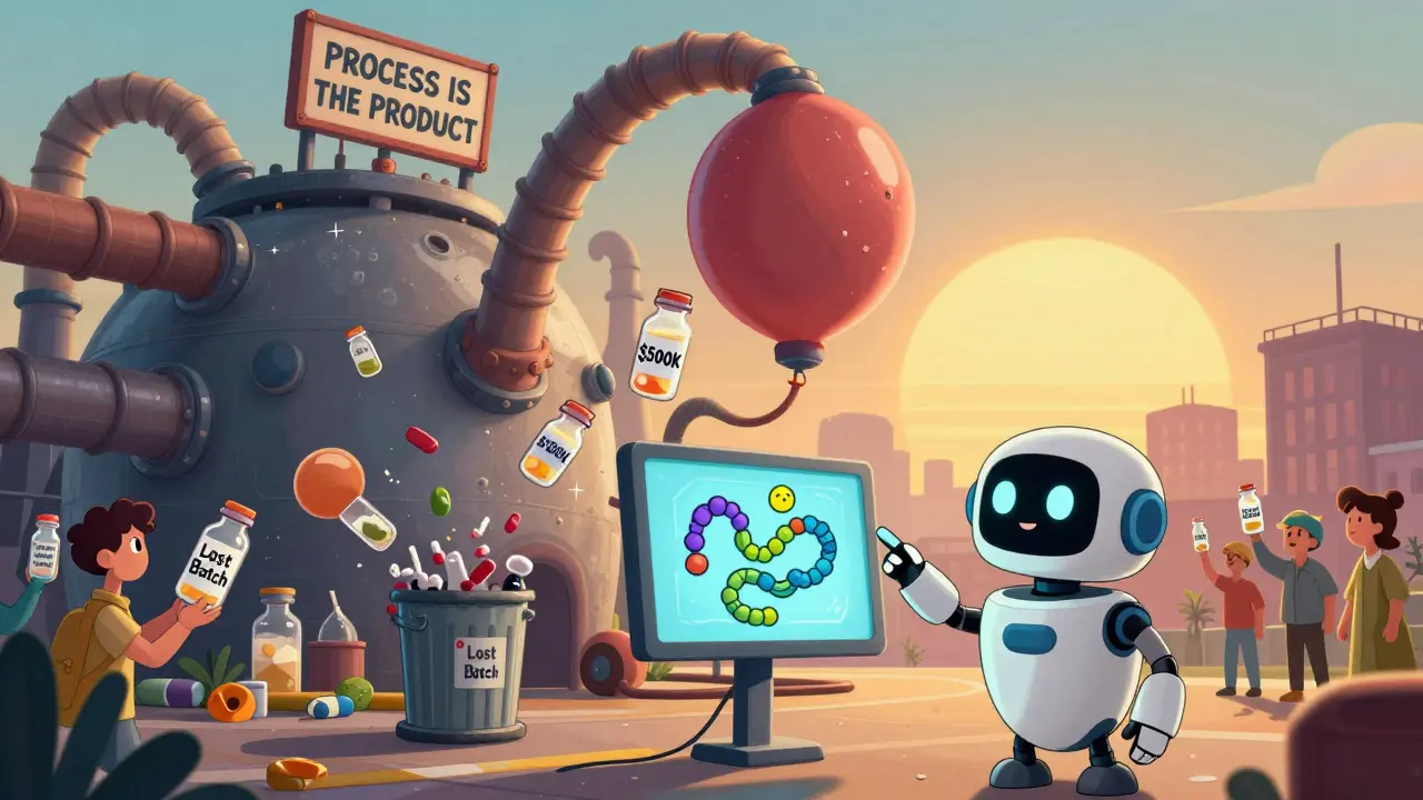 A wobbly biologics factory loses a 0K batch while AI watches a dancing protein fold.