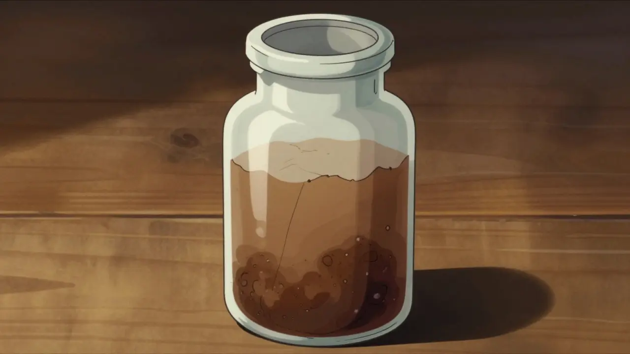 Animated drawing of spoiled liquid in a bottle