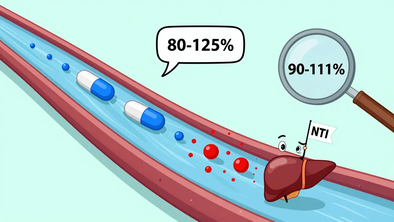 Bloodstream with uneven drug absorption from two generic pills, NTI warning signs